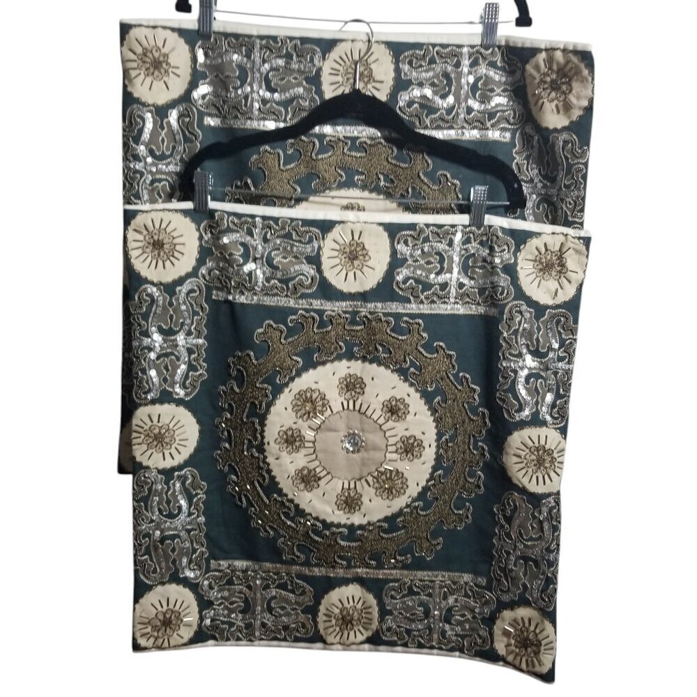 Bundle of  Z Gallerie Green/Cream Embellished Pillow Covers